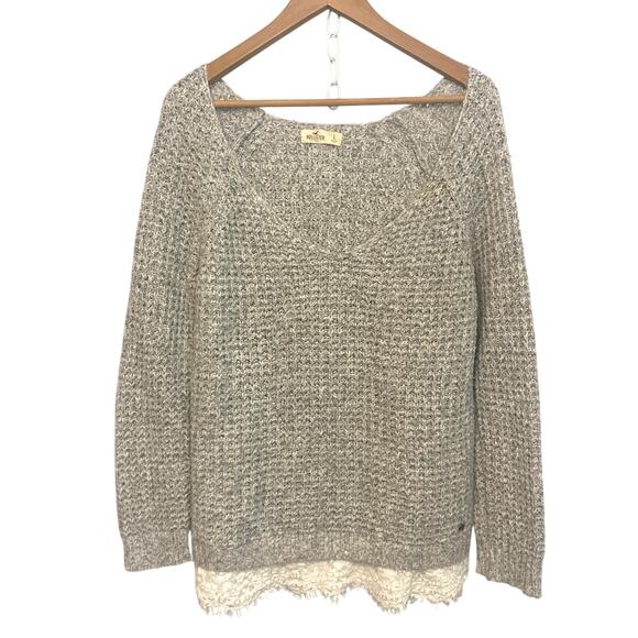 Hollister Gray Knit Lace Trim Scoop Neck Long Sleeve Pull Over Cozy Fall Sweater - Picture 1 of 9